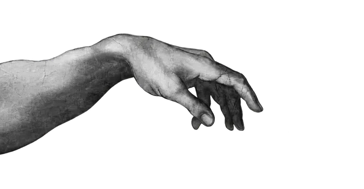 A drawn human hand reaching forward, the one on our home page.
